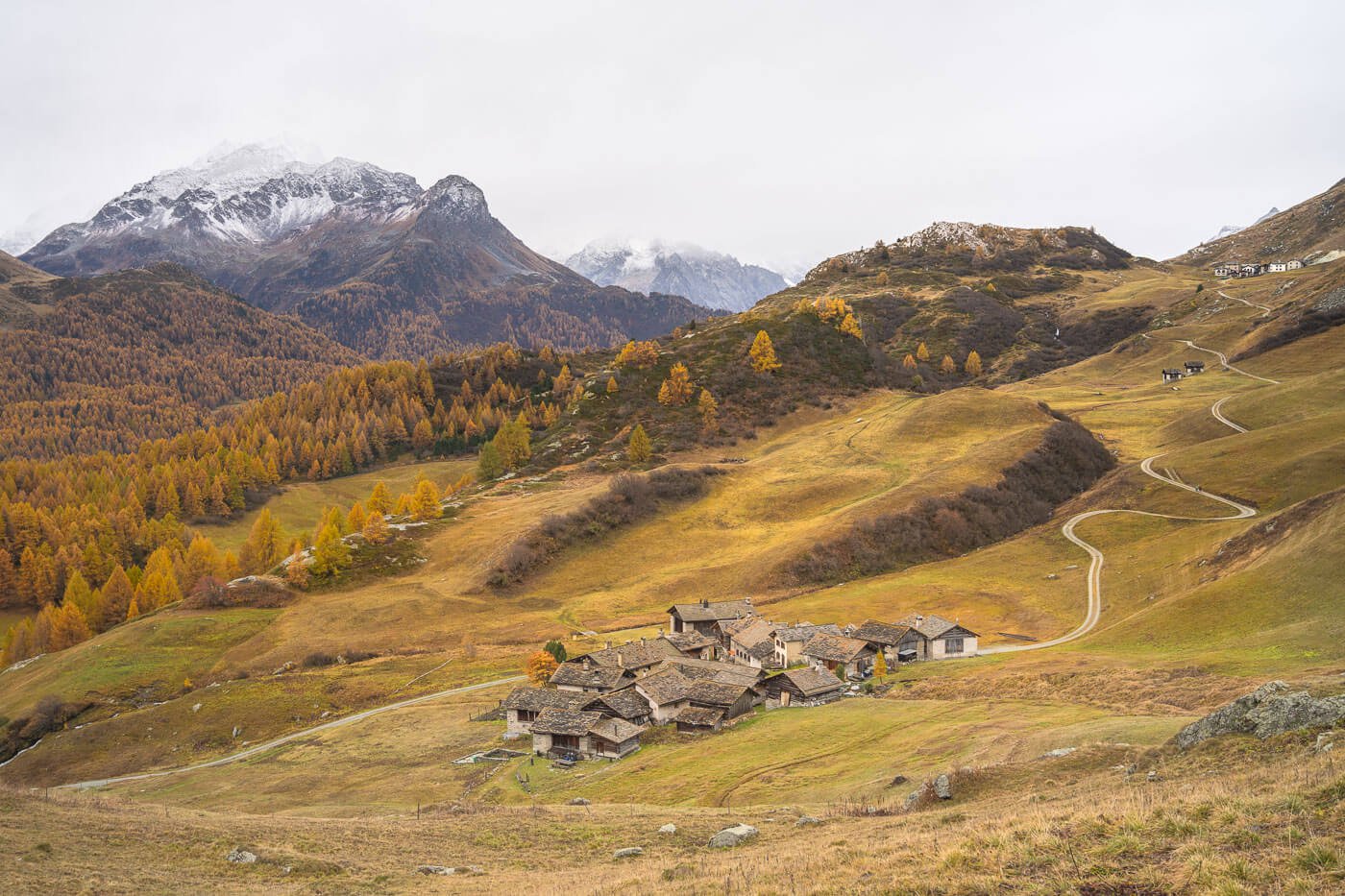 View of the stone village Grevasalvas in the Engadine on an autumn day.