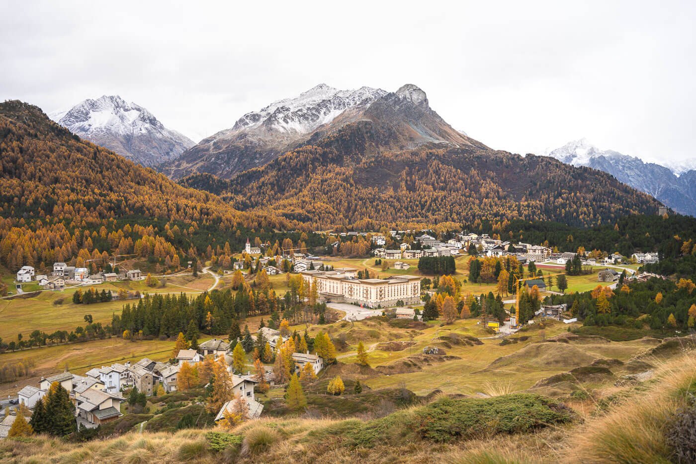 View of Maloja on an autumn day from the Hiking trail.