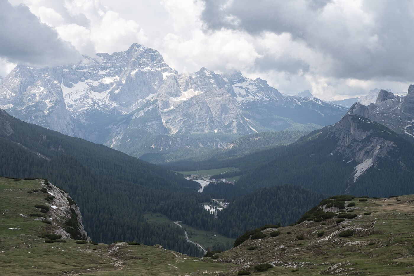 View of Lago di Misurina from the hiking trail around le tre cime di Lavaredo.