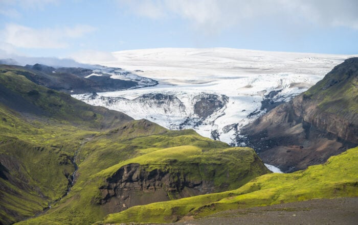 View of the Mýrdalsjökull glacier from Maelifell, a small mountain on the Red trail in Thakgil.