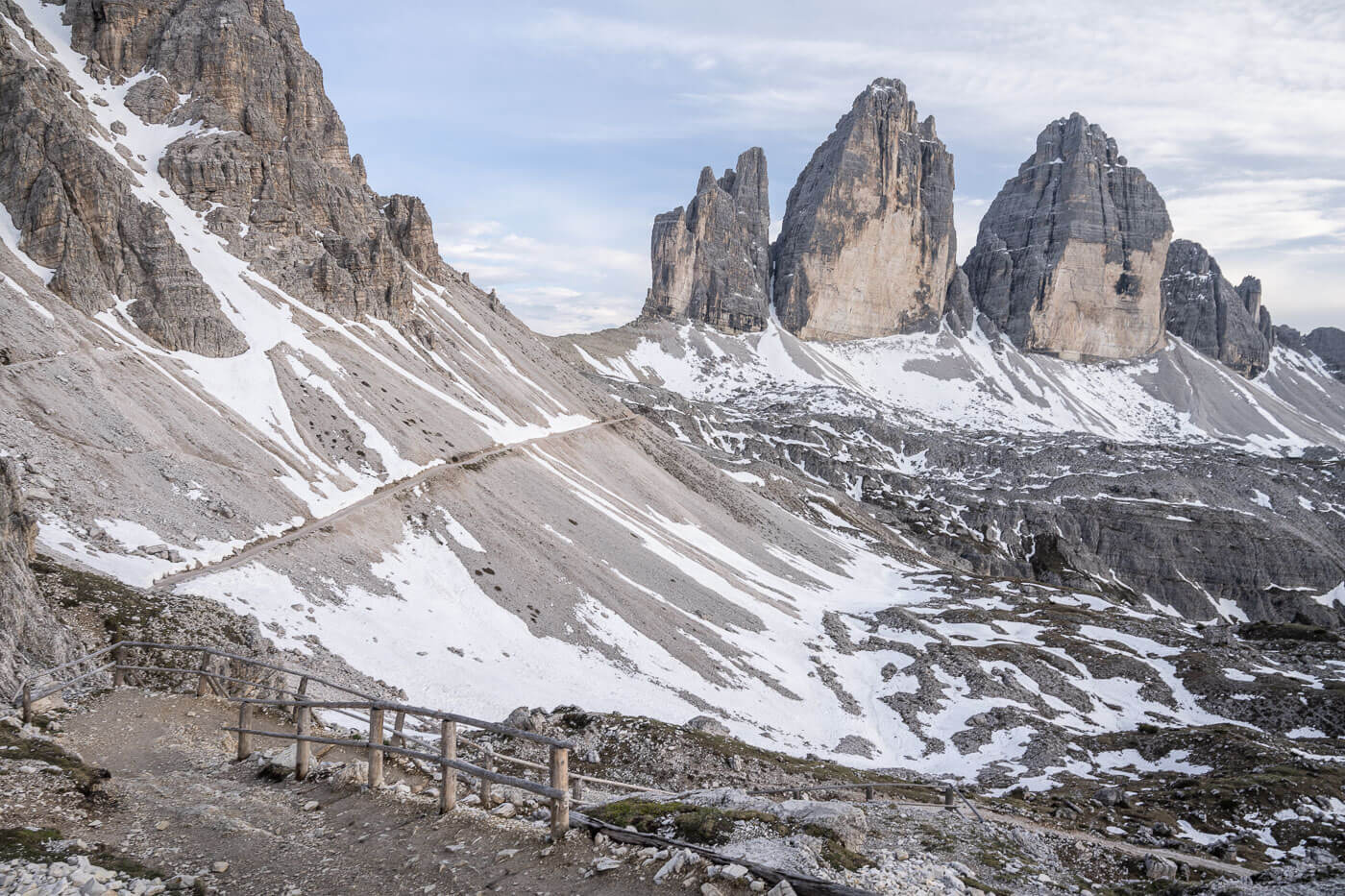 View of the hiking trail that leads to Rifugio Locatelli in the Dolomiti.