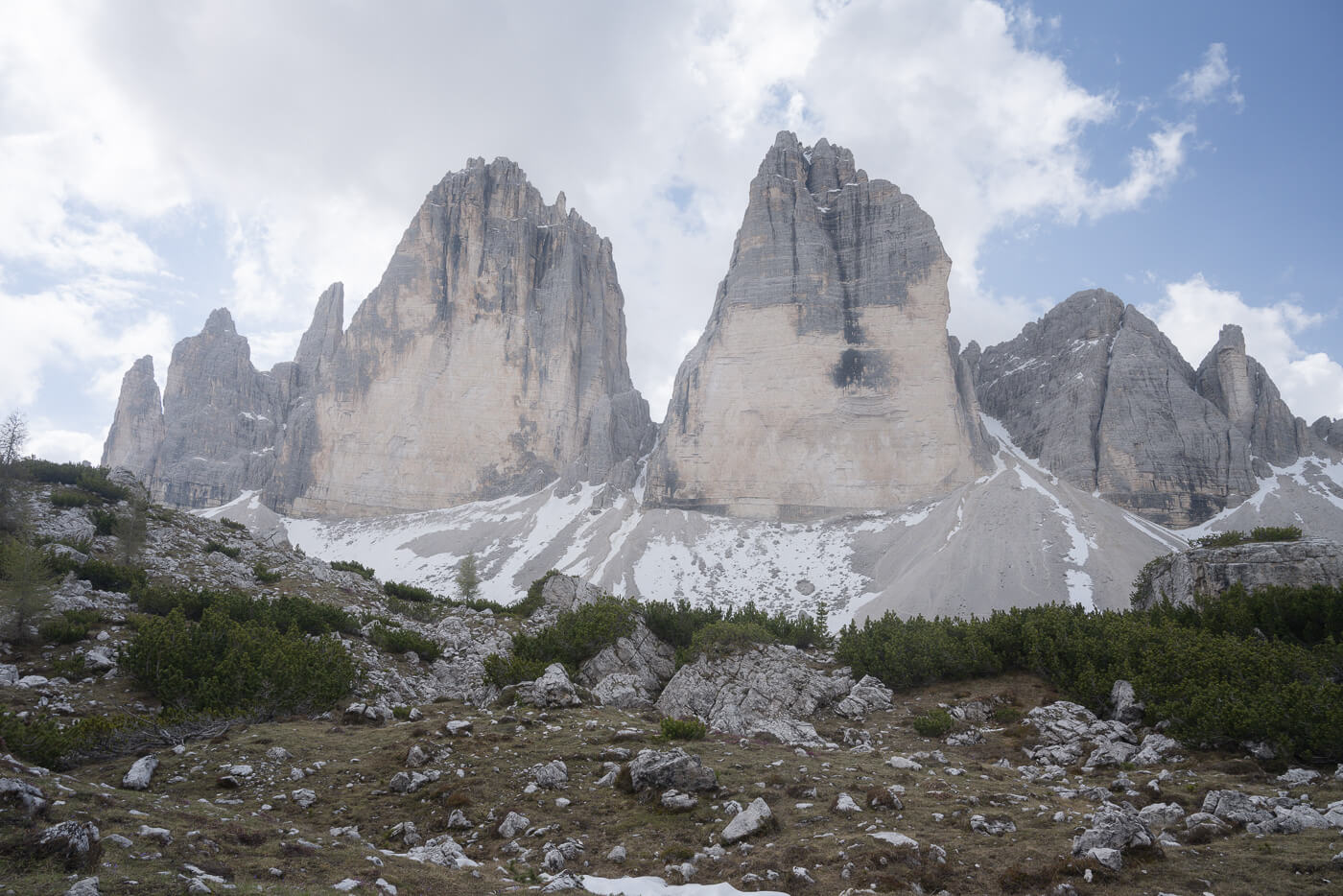 View of Le Tre Cime di Lavaredo from the loop hike around d them.