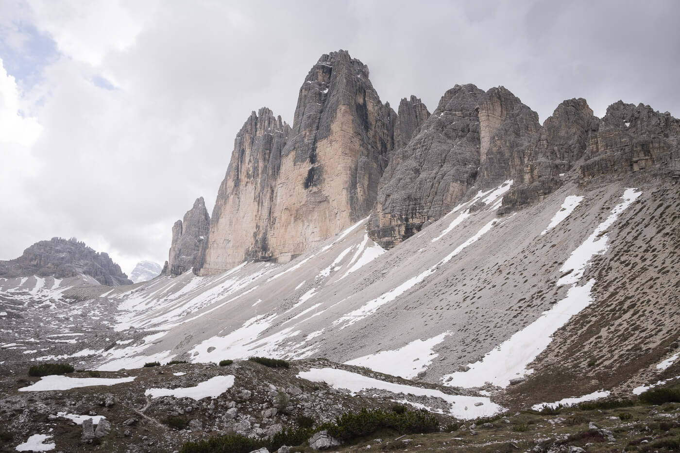 View of Le Tre Cime di Lavaredo from the loop hike around them