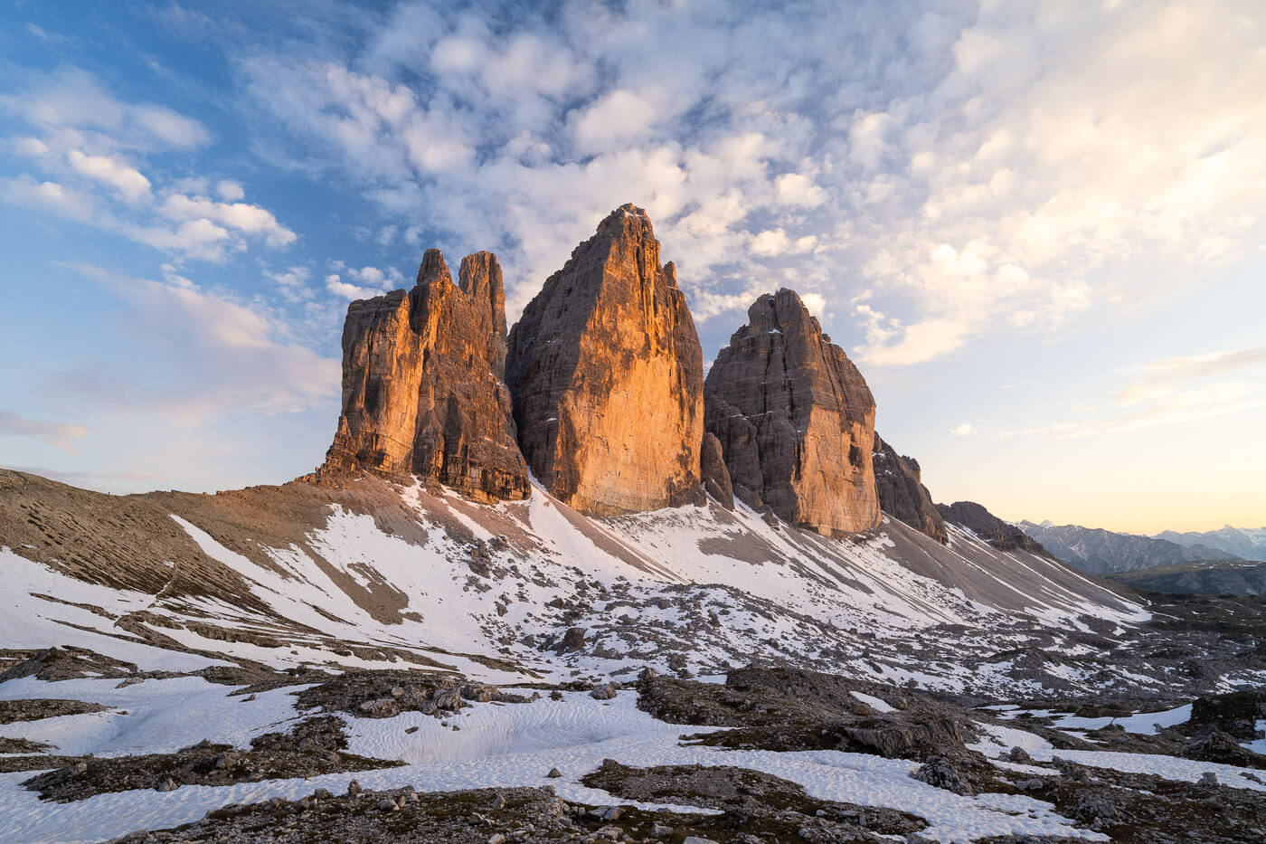 Tre Cime di Lavaredo at sunset catching alpenglow