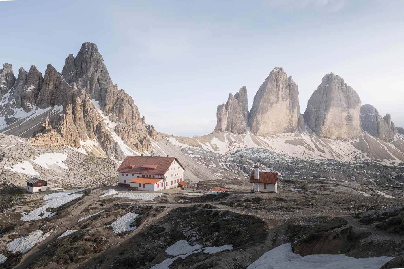 Drei Zinen Hutte, or Rifugio Locatelli with a view of Le Tre Cime di Lavaredo in the background.