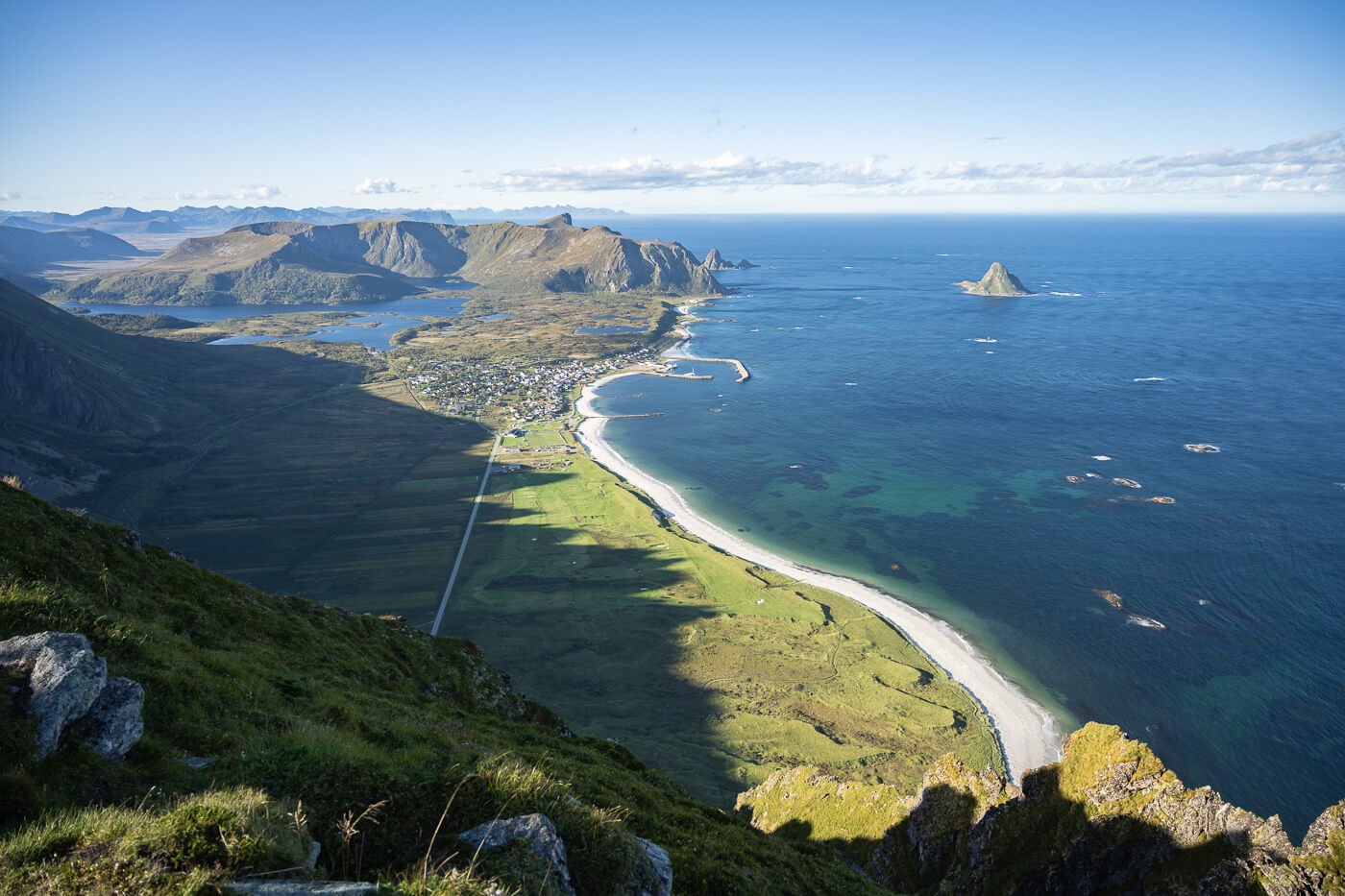 Panoramic view from the top if Røyken toward Bleik, on a sunny day.