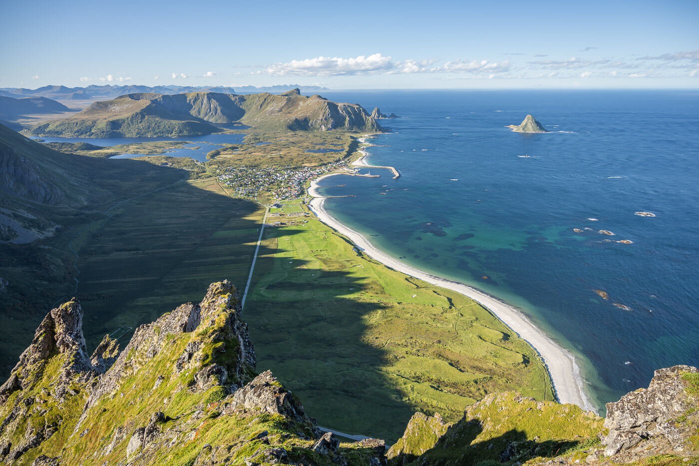 View from the top of the Røyken Hike, with BLeikstranda and Bleik in the background.