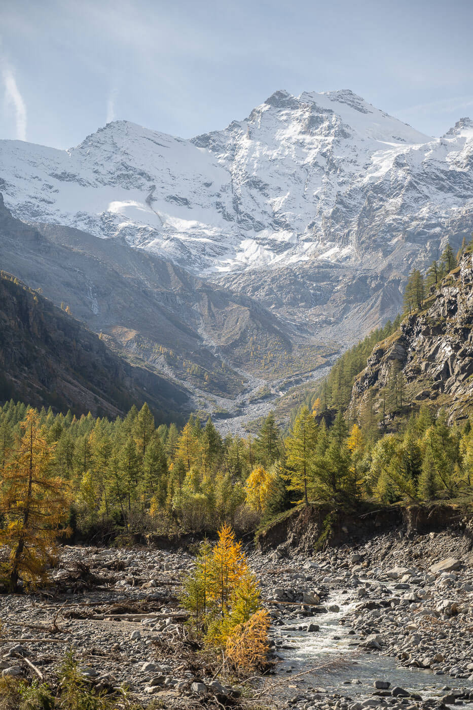 View of snow-capped mountains in Valnotey, from the hiking trail that leads to Alpe Money