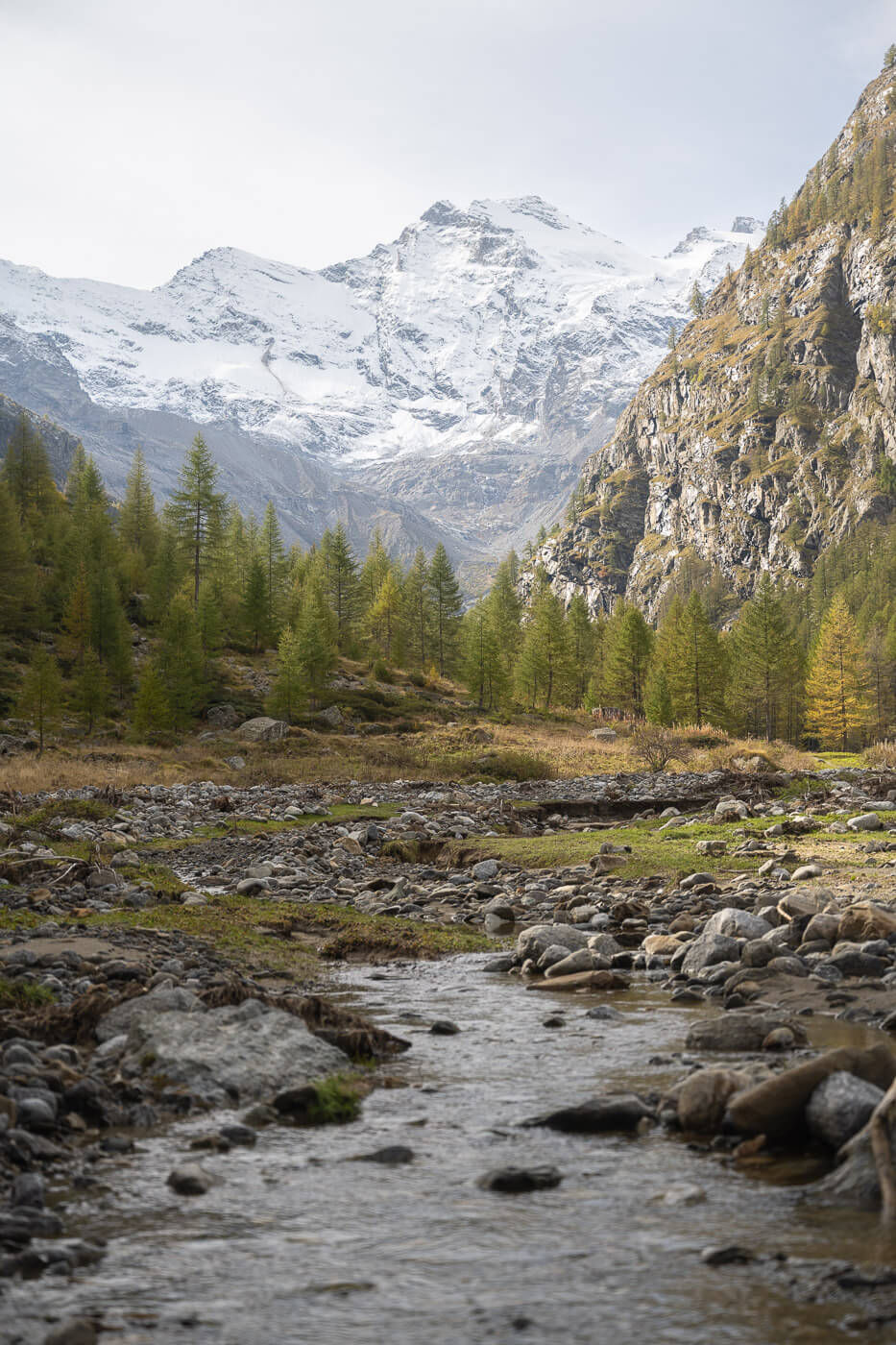 Valnontey creek with mountains in the background.