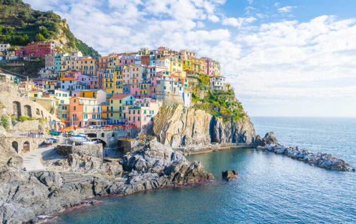 View of Manarola, a village in Le Cinque Terre with colorful houses