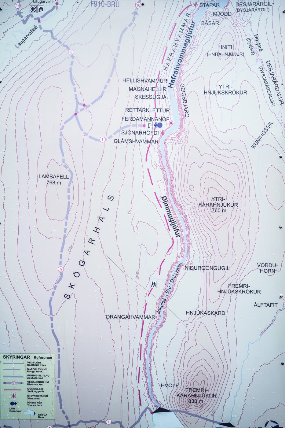 Map of the Kárahnjúkar Dam and Hafrahvammagljufur Canyon Hike from an info board.