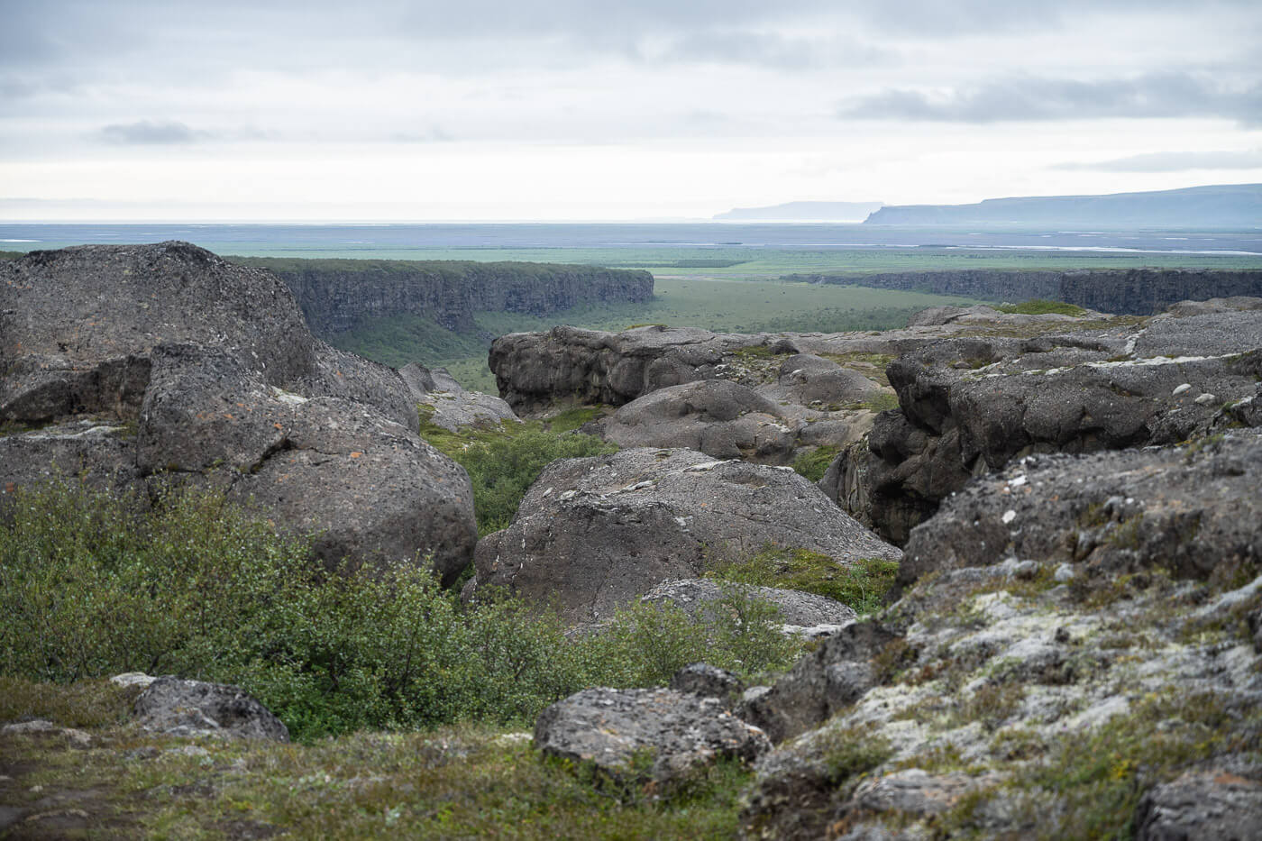 view of the Ásbyrgi Canyon at a distance 
