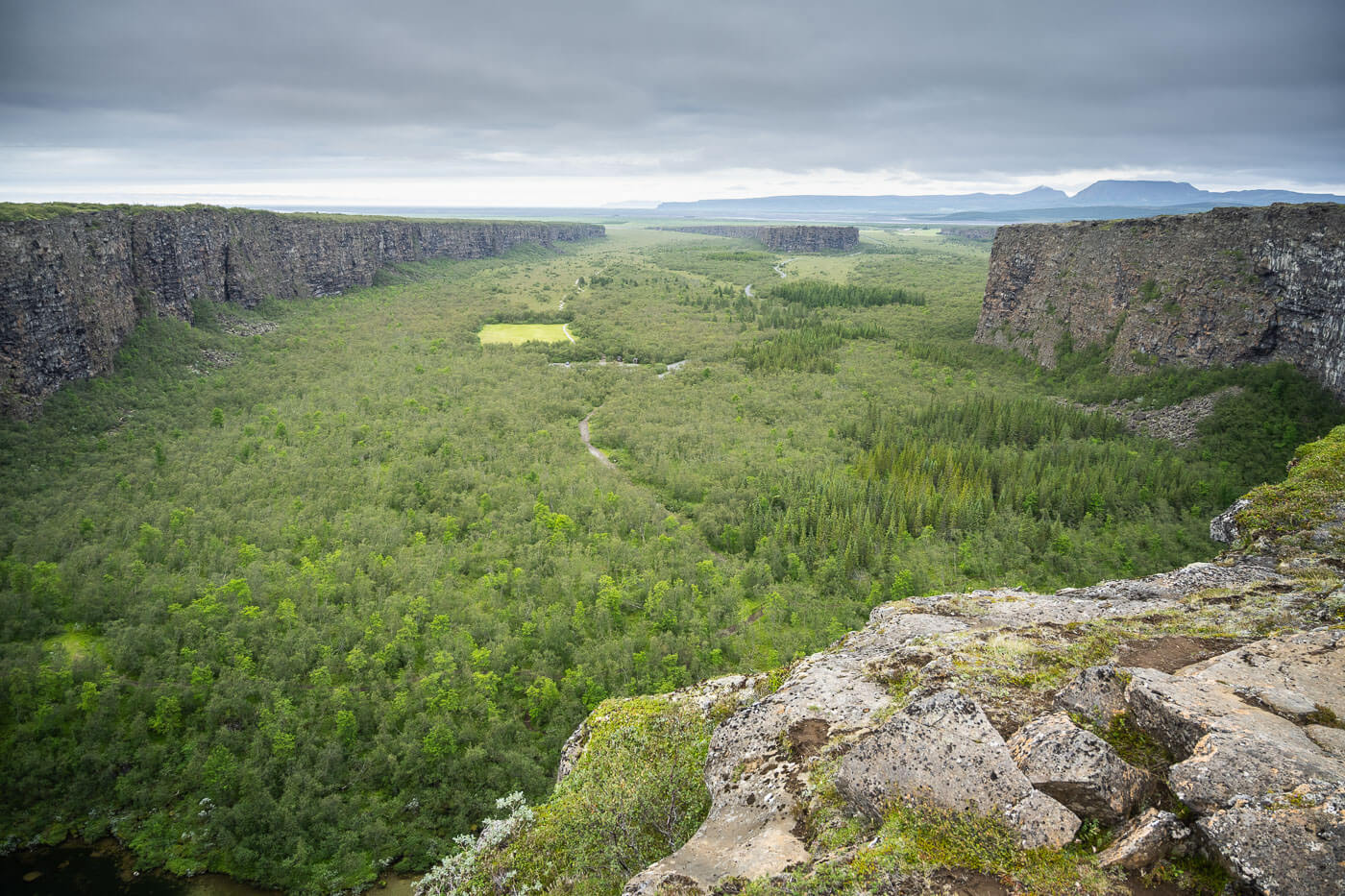 panoramic view of the Ásbyrgi Canyon, a horshoe shaped canyon in north Iceland