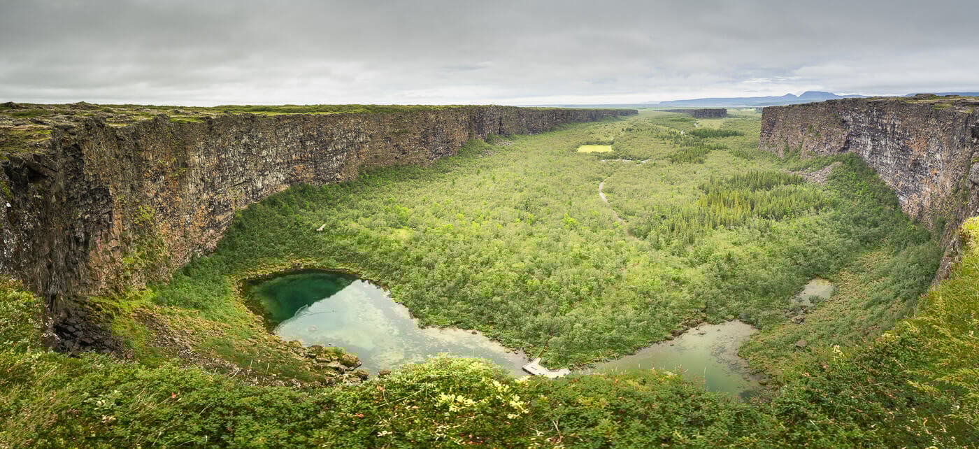 Panoramic image of the Ásbyrgi Canyon from the main viewpoint
