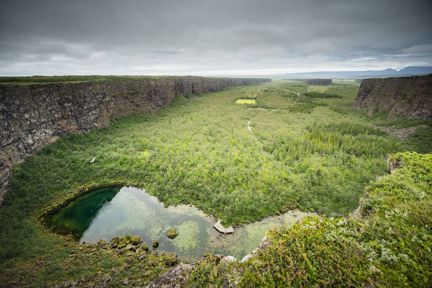 View of the Ásbyrgi cliffs with green vegetation below.