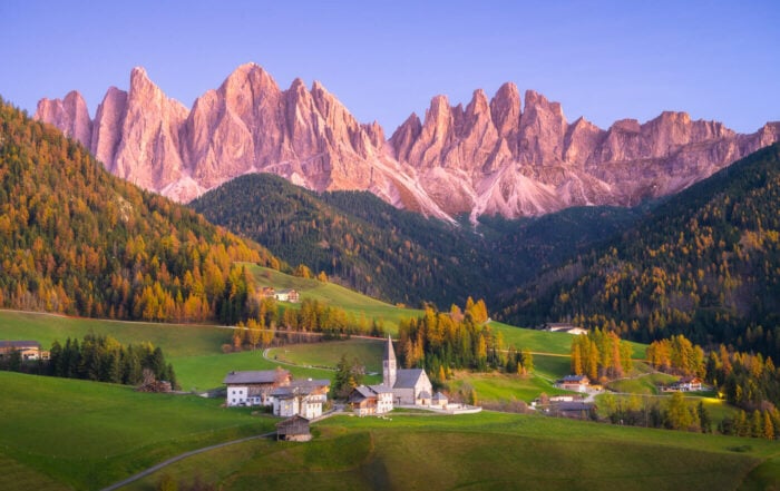 View of the Santa Magdalena Church in Val di Funnes at SUnset