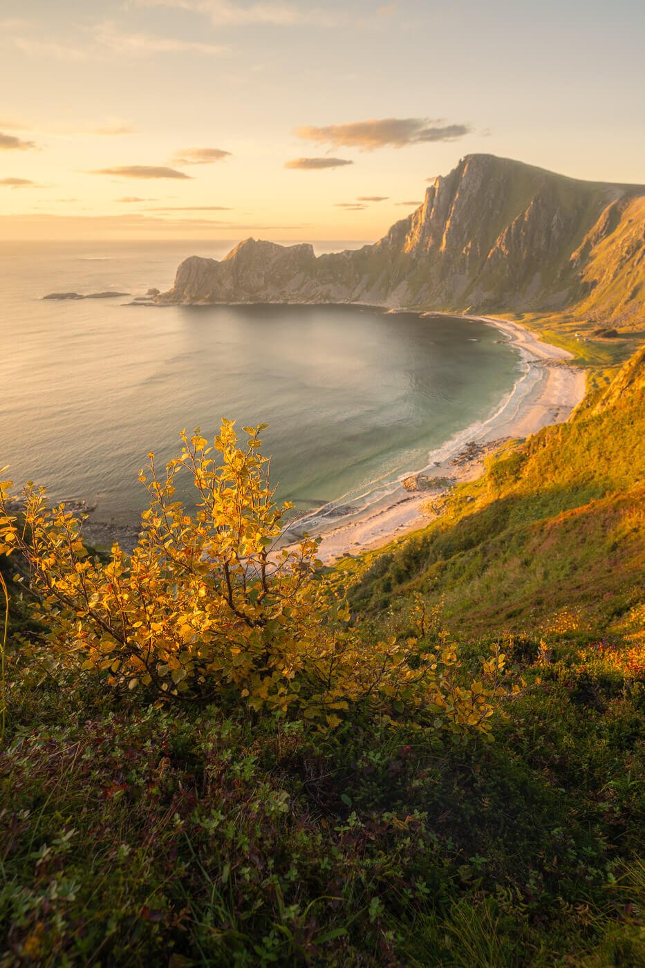 View of Hoyvika beach at sunset, one of the best hikes on the island of Andøya
