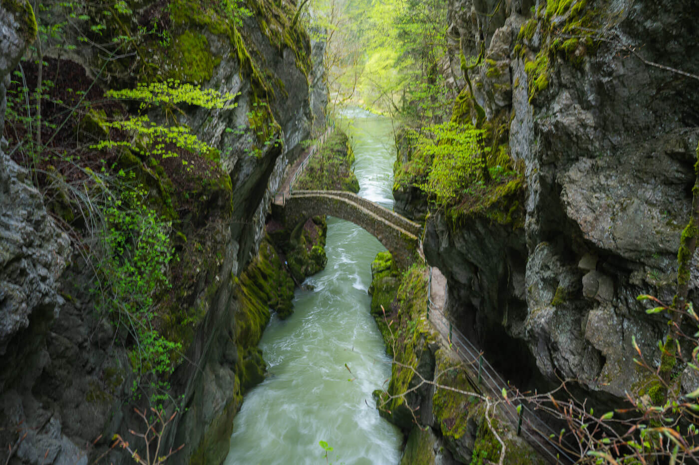 View of Saut de Brot in Gorge de L'Areuse, a narrow canyon you csn hike to in Switzerland.