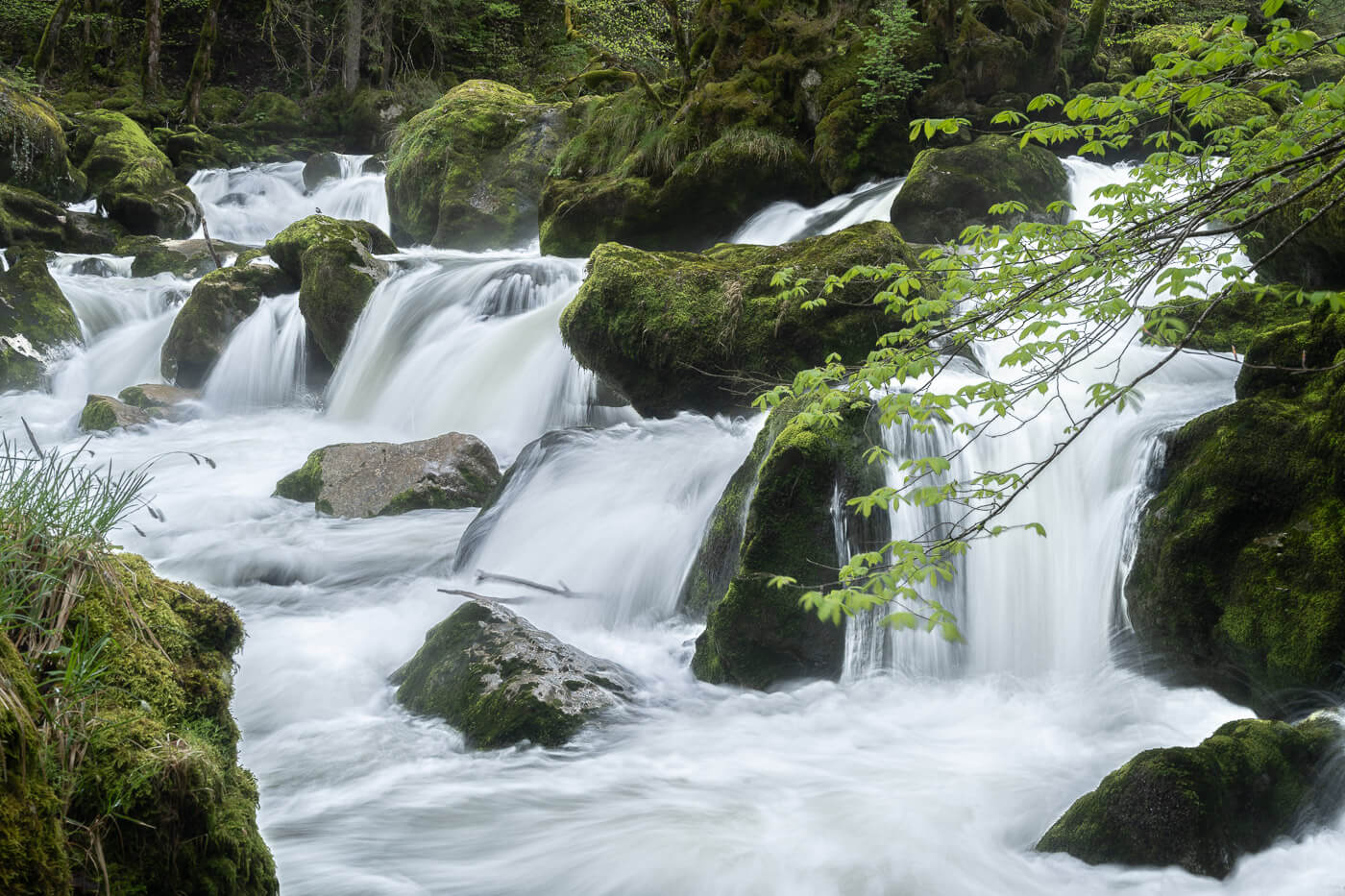 Areuse river waterfall with moss-covered rocks