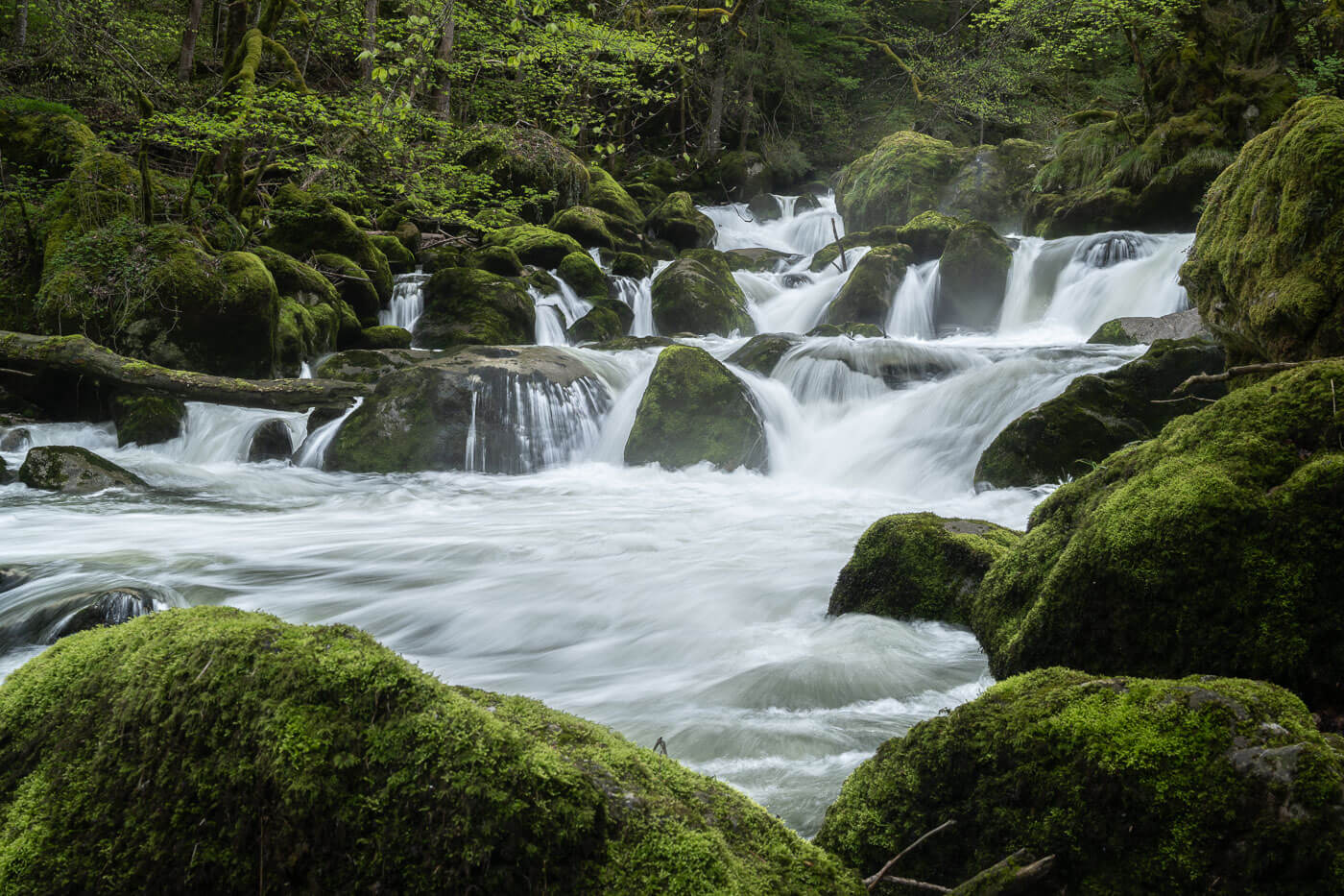 Fast flowing water in a river surrounded by rocks covered in moss.