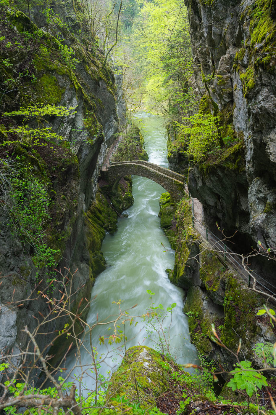 View of Saut de brot, a bridge across a narrow gorge in Switzerland, from the observation deck