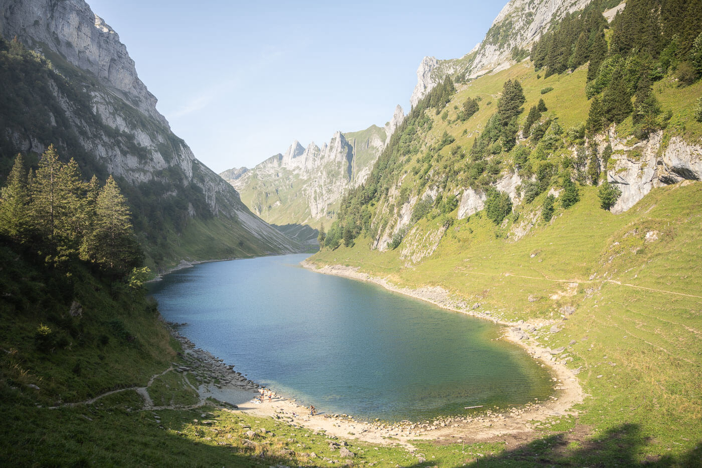 View of Fählensee on a sunny day, a lake you can only hike to in the Alpstein mountains.