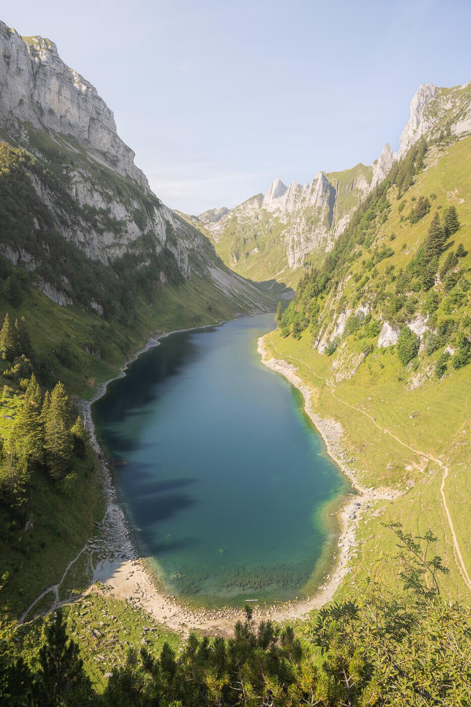 View of Fählensee, a lake you can honly hike to in the Alpstein Range