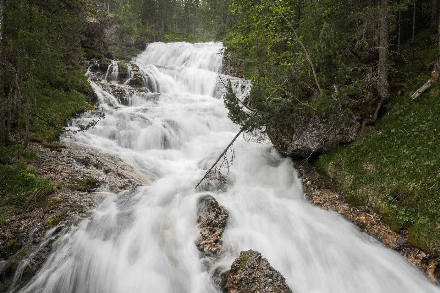 white-water waterfall in the forest in the Dolomiti