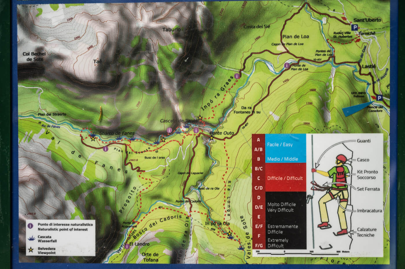 Map of the Fanes waterfall hike in the dolomites