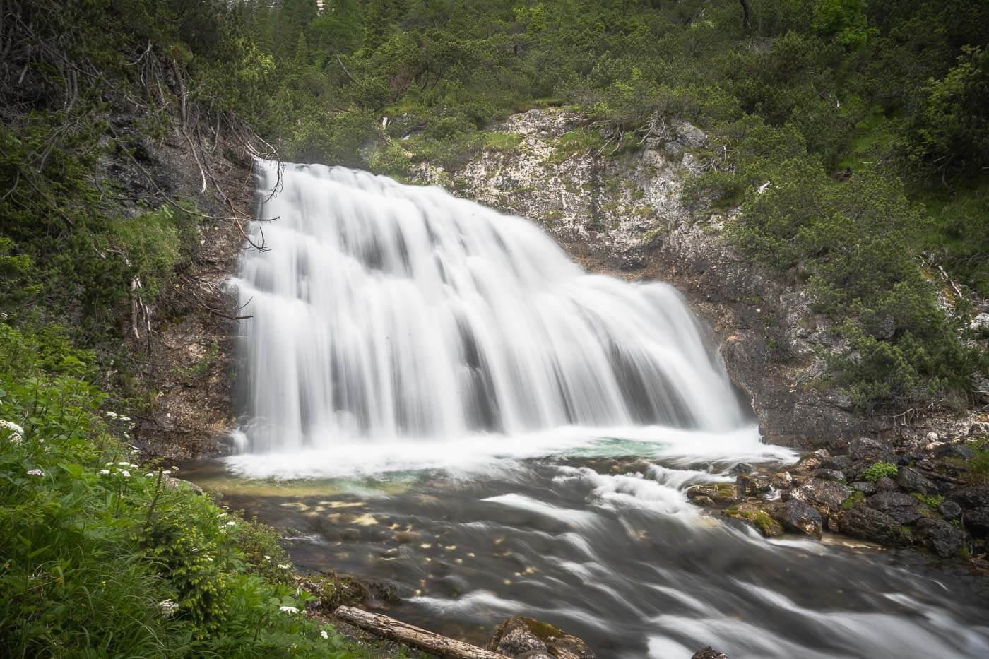 The fifth of the Fanes Waterfalls, a 2-meter-tall waterfall in the Dolomites.