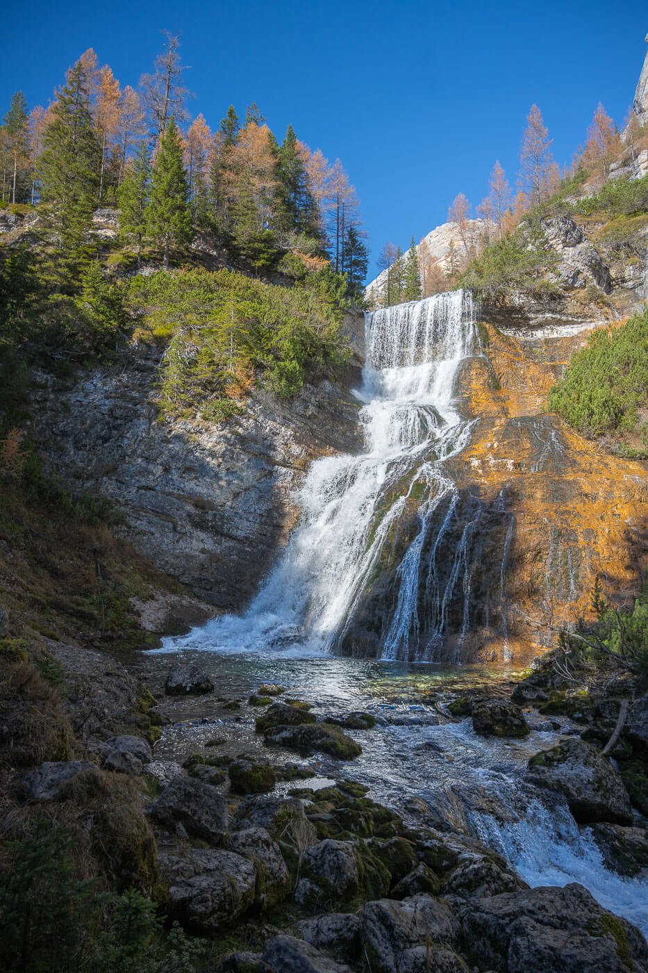 View of the Waterfall Sbarco de Fanes in the dolomites, the end point of the Fanes Waterfalls hike.