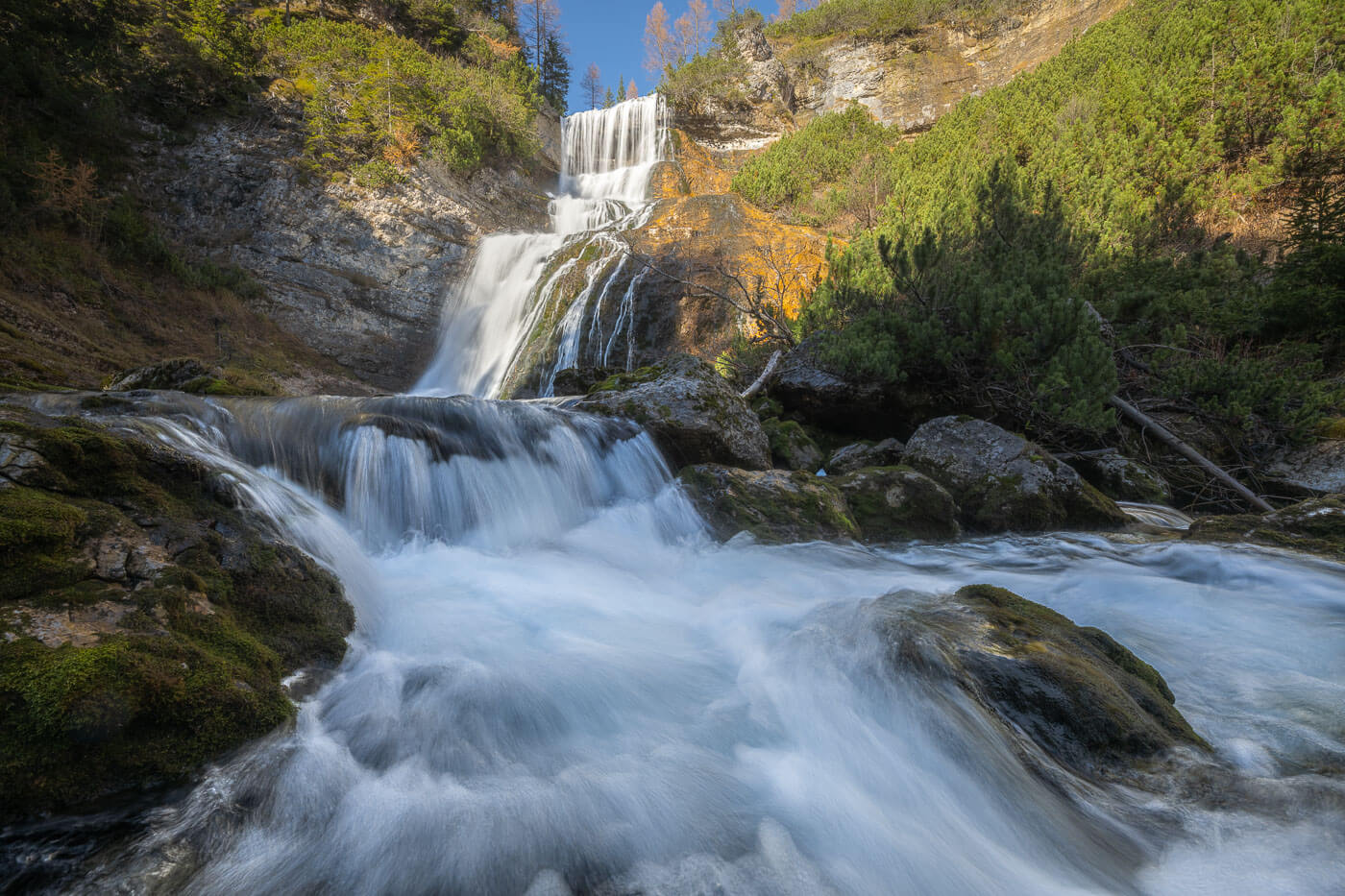 A multi-step waterfall called Sbarco da Fanes in the dolomites