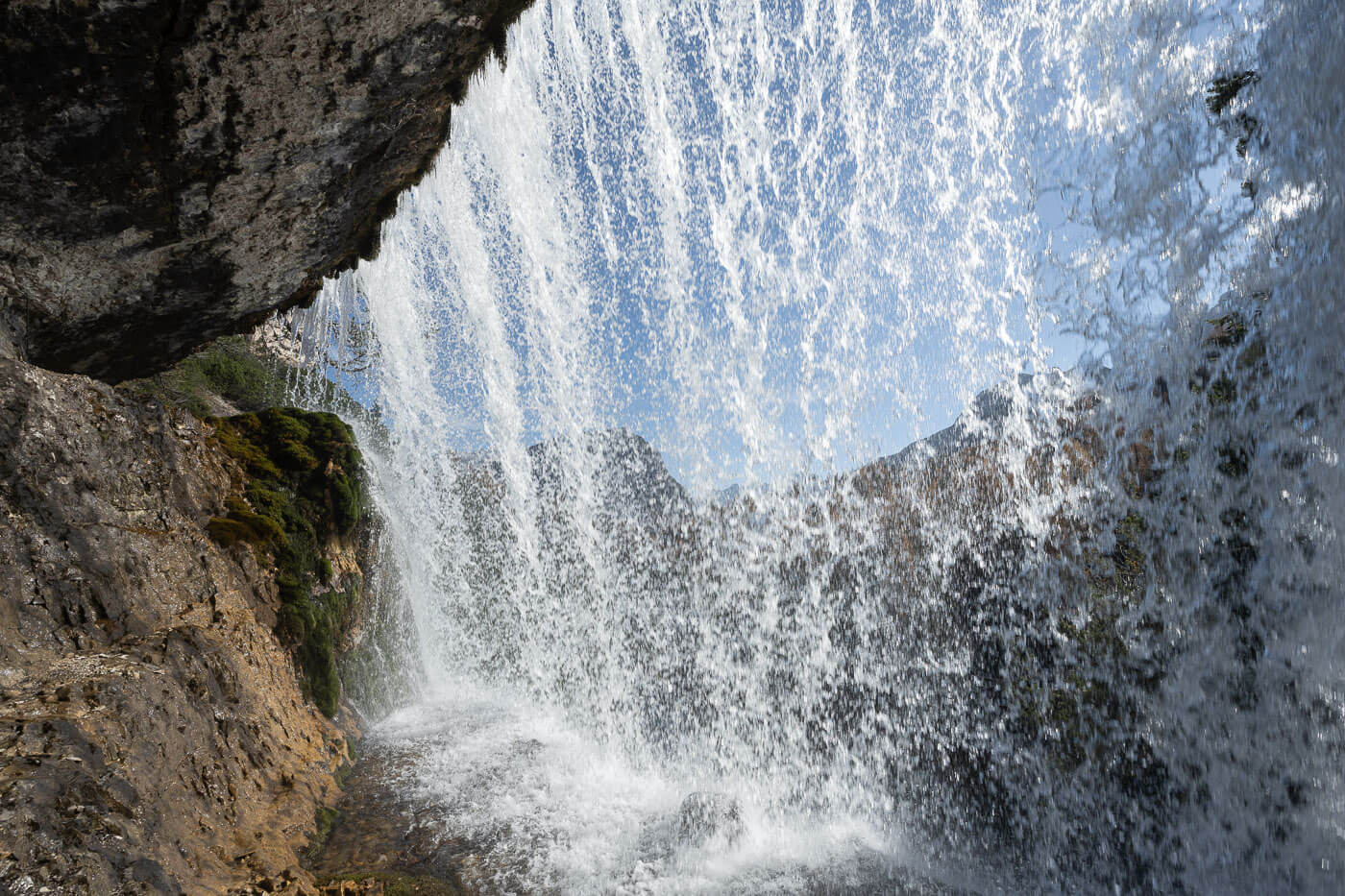View from behind a waterfall called Sbarco de Fanes