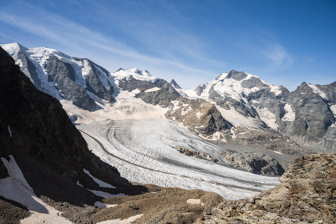 View of the glaciers on the Berina Range from the Diavolezza viewpoint