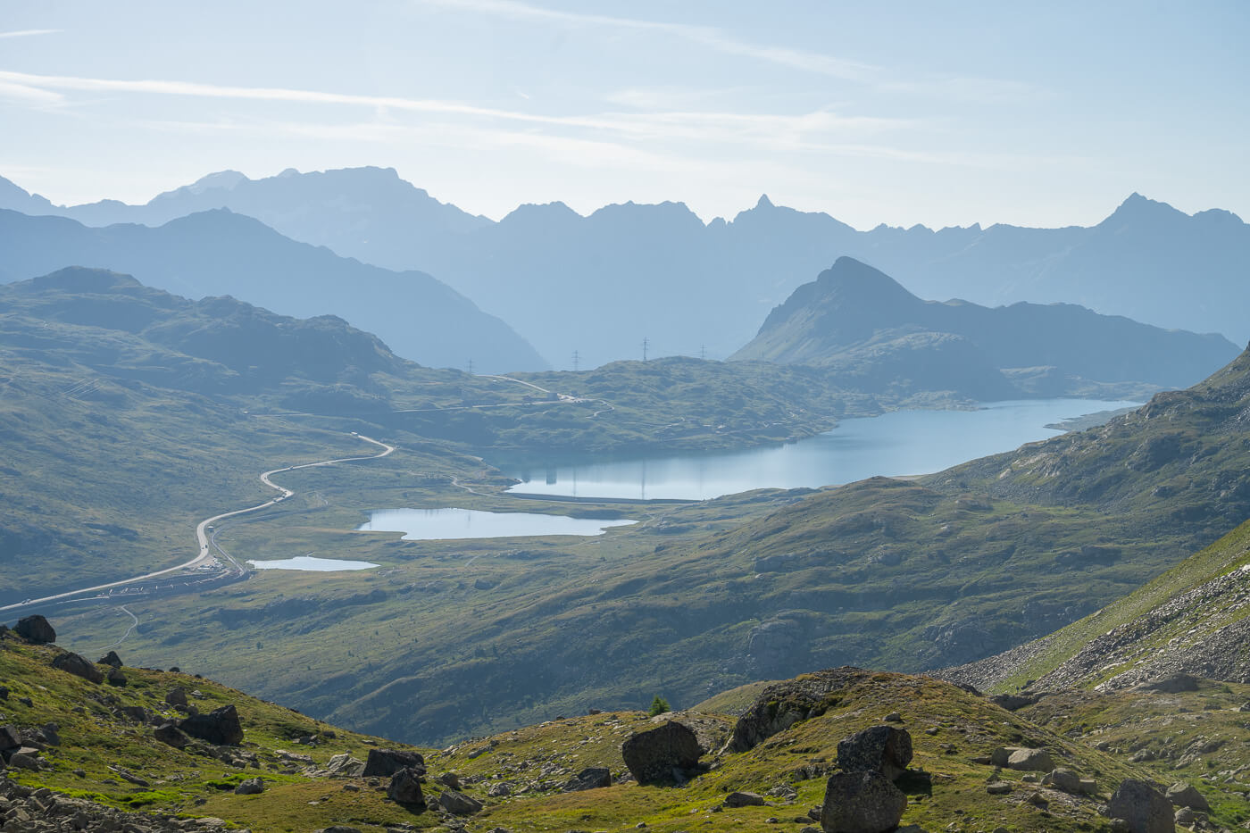 View of the Bernina Pass and Lakes around it from the hike that leads to Diavolezza.
