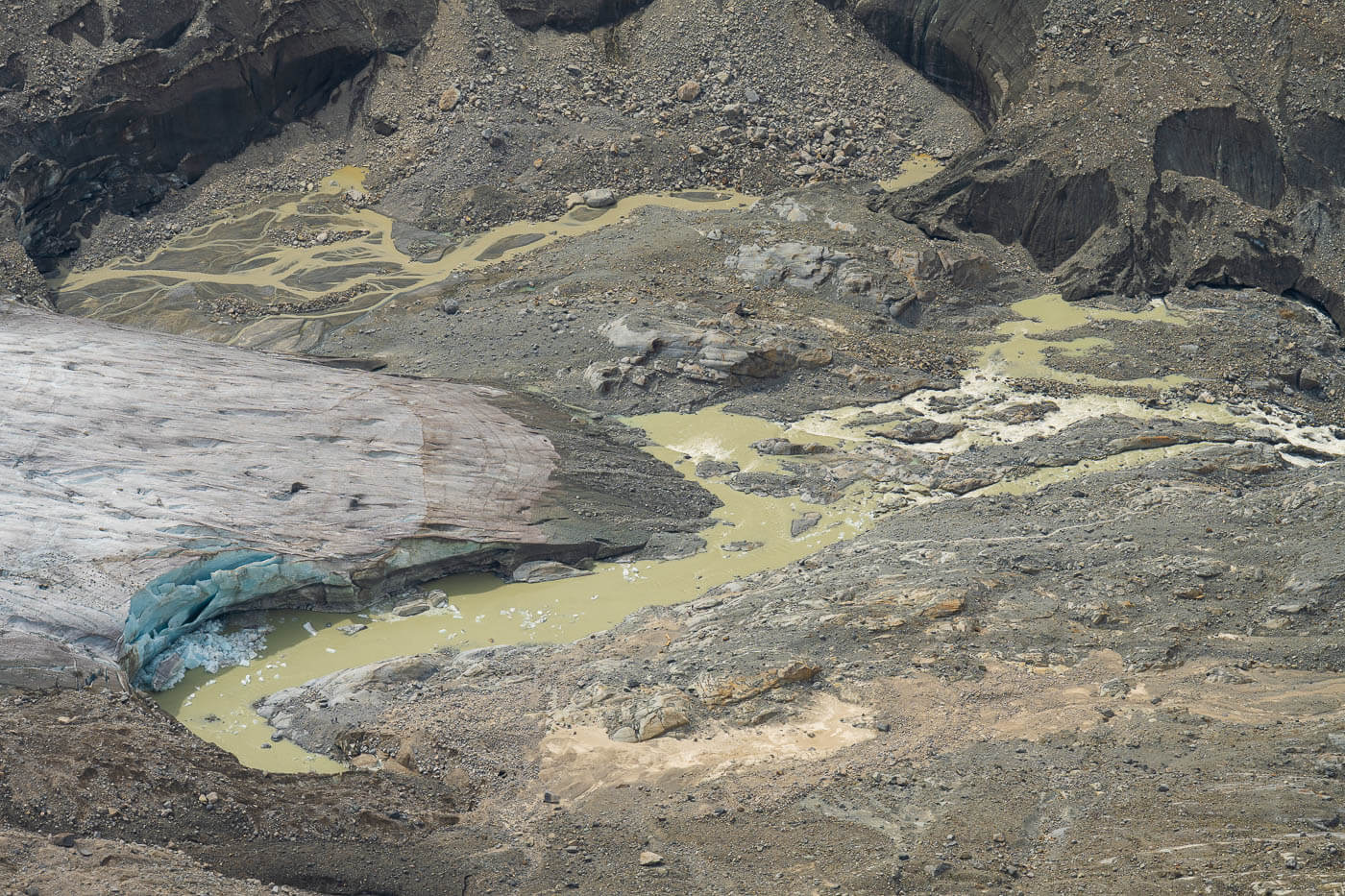 Detail for the Morteratsch glacier viewed from the top of Munt Pers, a mountain you can hike to from Diavolezza.