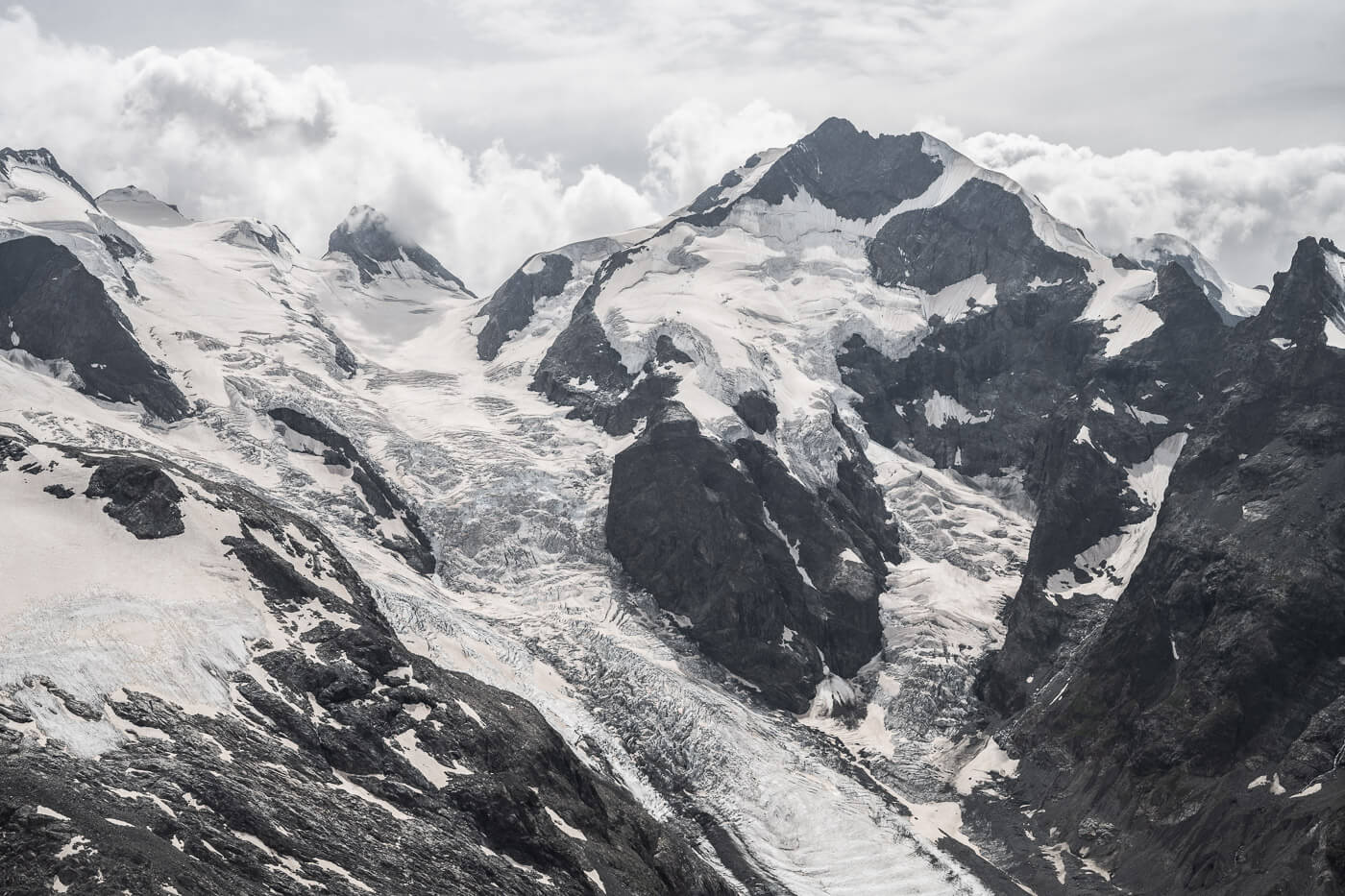 Detail of one of the many glaciers on the Bernina massif in Switzerland, viewed from Munt Pers, a mountain you can only hike to above Diavolezza