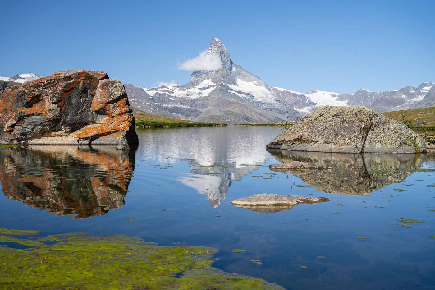 View of the Matterhorn from the Stellisee viewpoint, first lke on the five lakes hike
