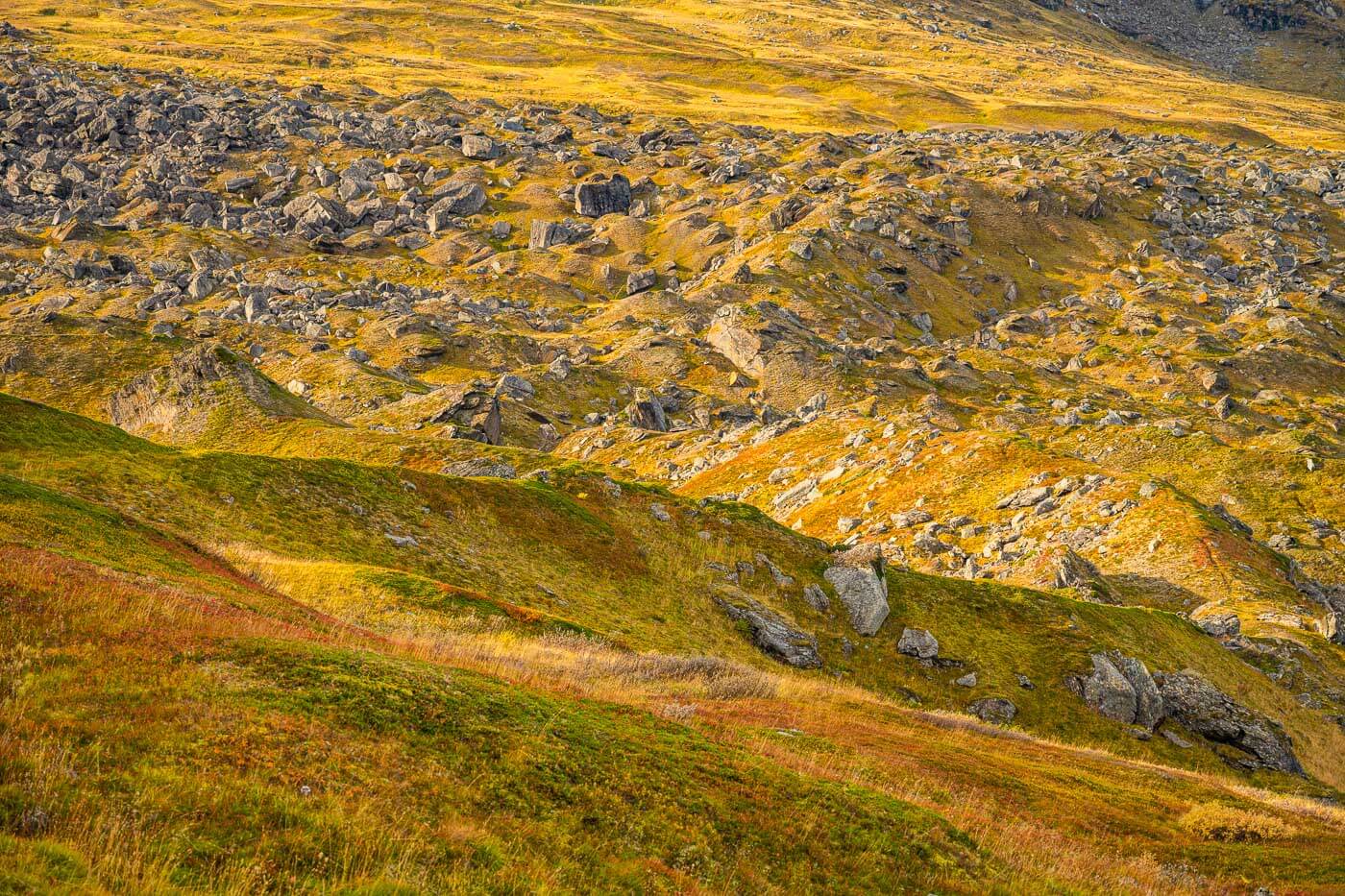 giant boulders on the hiking trail to Trollsjon, an area called Kärkevagge or Geargevággi