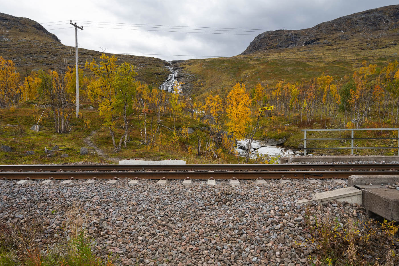 Railway tracks with a waterfall in the background in Northern Sweded near road E10.