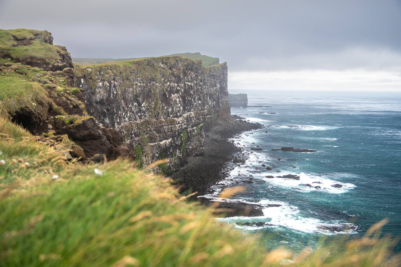 View Látrabjarg Sea Cliffs in the Westfjords of Iceland on a cloudy day