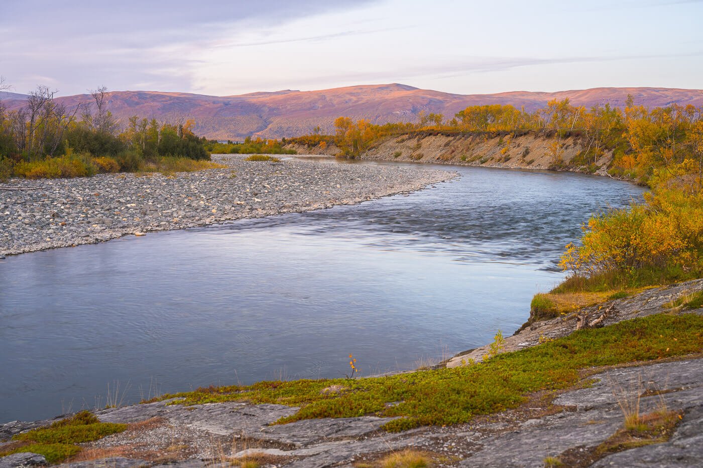Abiskojokk river delta at Sunset in Autumn