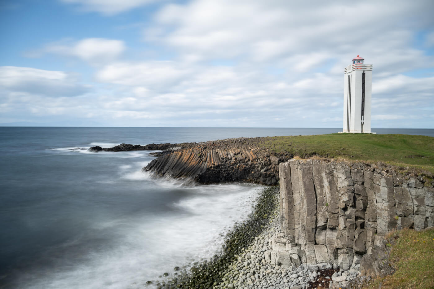 long exposure photo of a the Kálfshamarsvík Lighthouse