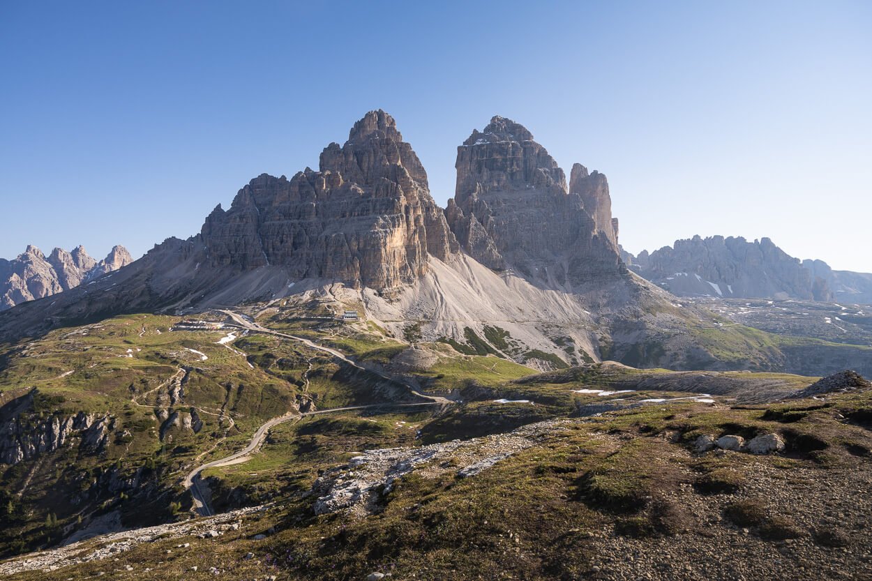 View of Tre CIme di Lavaredo from a nearby trail.