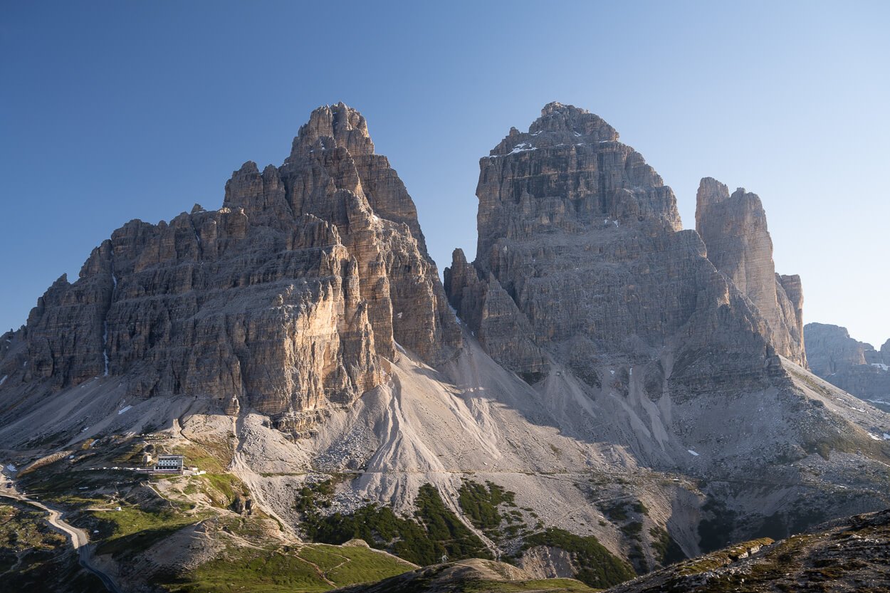 Tre cime di Lavaredo on a sunny morning.
