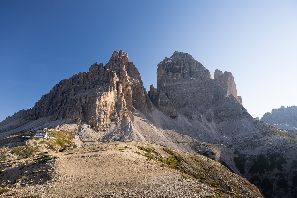 View of the trail to hike to Cadini di Misurina with Tre cime di lavaredo in the background.