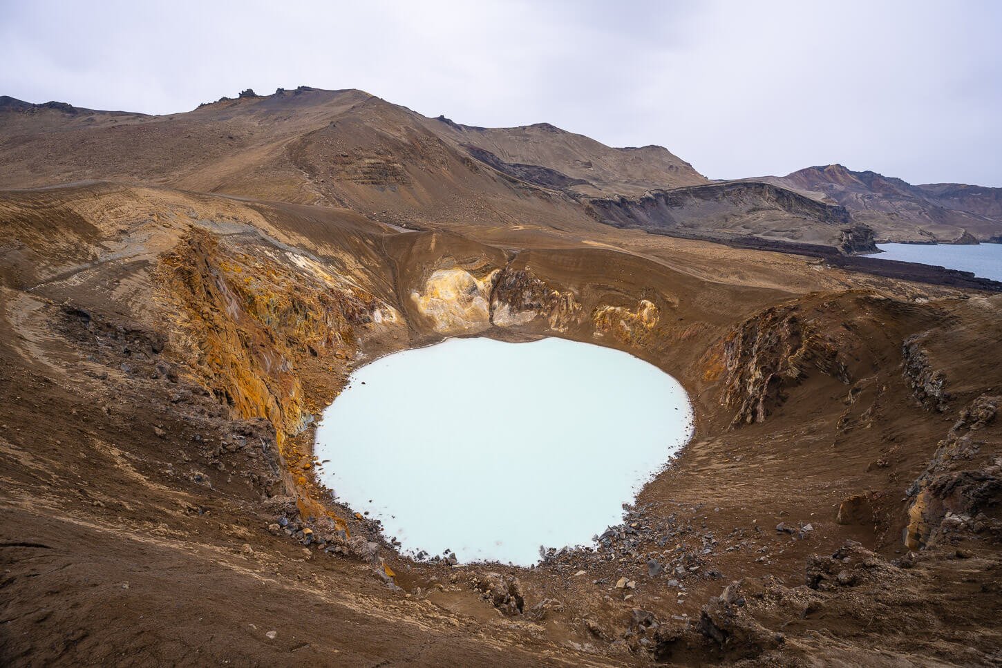 Almost heart-shaped geothermal lake of the Viti Crater in Askja.