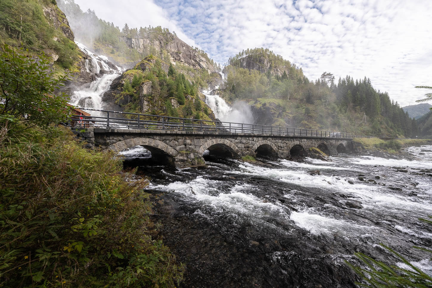 View of the Latefoss bridge with waterfalls in the background.