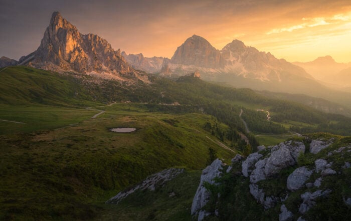 View of Sunrise at Passo Giau, one of the best photo spots for hikes in the Dolomites.
