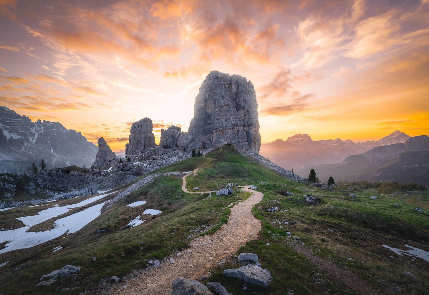 Colorful Sunrise at the Cinque torri in the Dolomites, qa great location for a hike and for landscape photography.